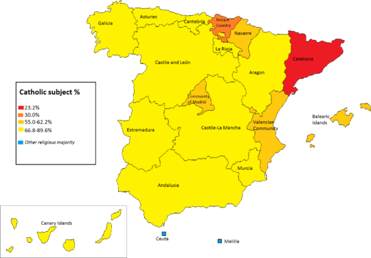 Percentage of Students in Spain Studying Catholic Religion in Public Elementary Schools by Autonomous Community
