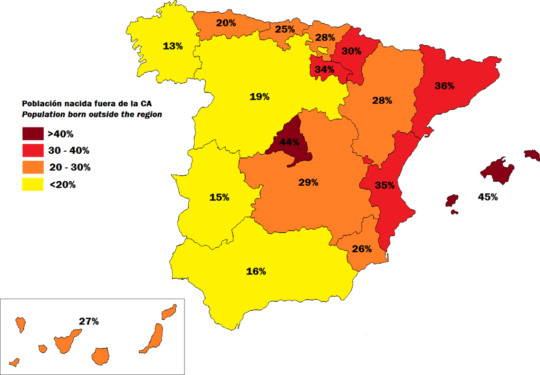 Spain: percentage of population born outside each autonomous community