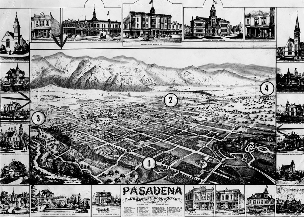 A map of Pasadena and some of its prominent buildings in 1886 (photo credit)