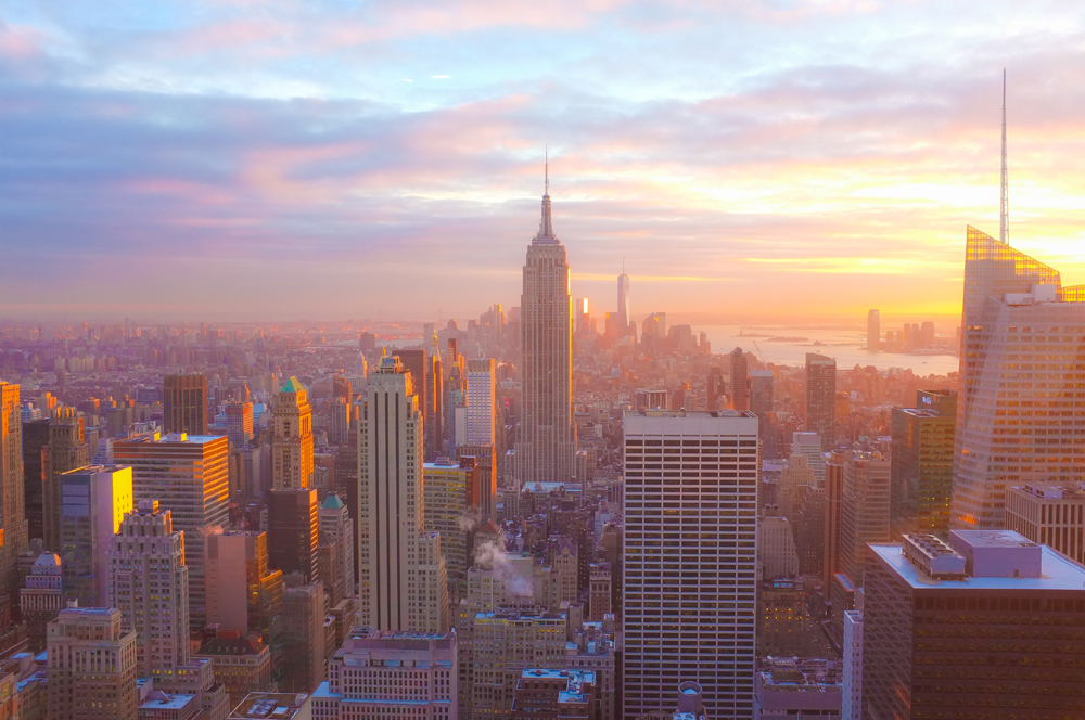 New York City skyline at sunset